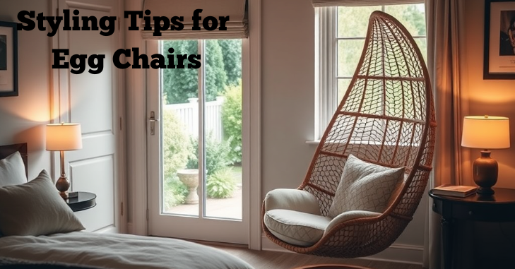 Hanging egg chair styled in a bright bedroom corner